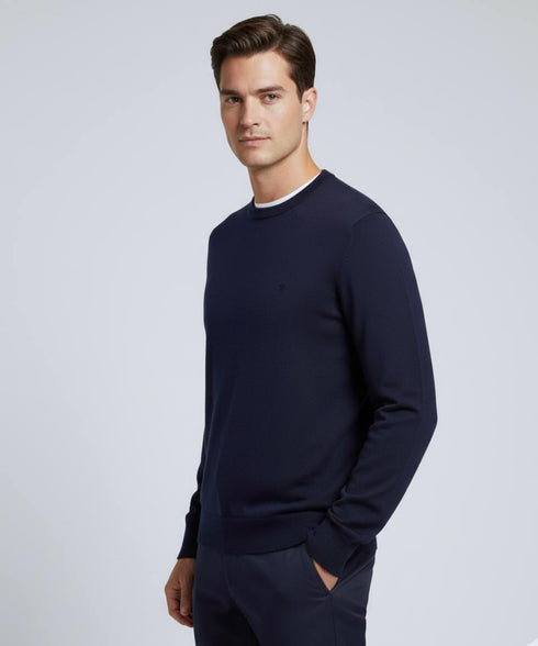 Pull bleu col rond-100% laine vierge Zegna lana Baruffa