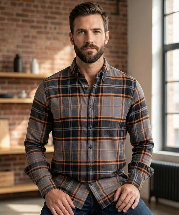 Chemise en Flanelle noir / orange Homme Hiver | Chaude et Confortable