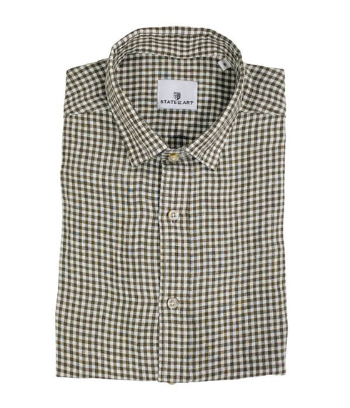 Chemise manche courtes en lin taupe à carreaux slim fit