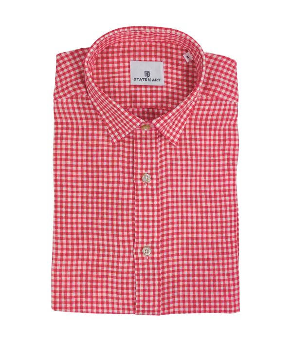 Chemise manches courtes en lin à carreaux slim fit