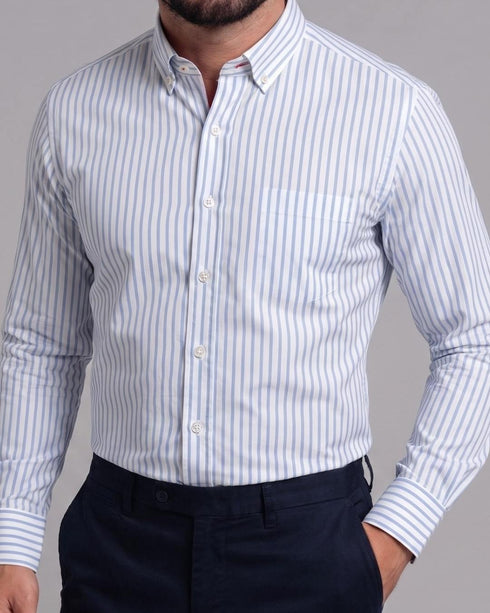 Chemise Ajustée en Coton à Fines Rayures Azur