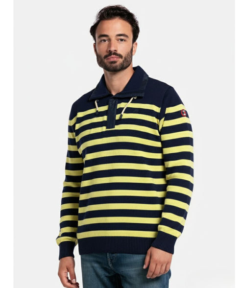 Pull bleu nuit rayé jaune avec fermeture demi éclair -Made in Italy