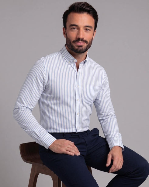 Chemise Ajustée en Coton à Fines Rayures Azur
