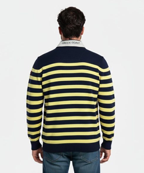 Pull bleu nuit rayé jaune avec fermeture demi éclair -Made in Italy