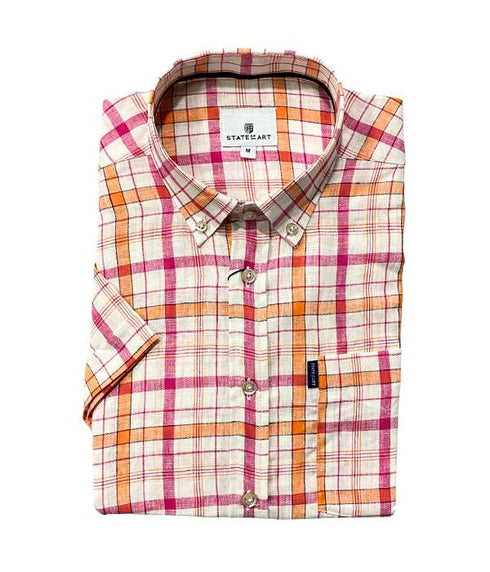 chemise manches courtes lin à carreaux multicolor orange - col boutonné