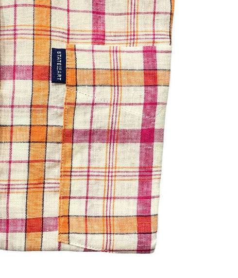 chemise manches courtes lin à carreaux multicolor orange - col boutonné