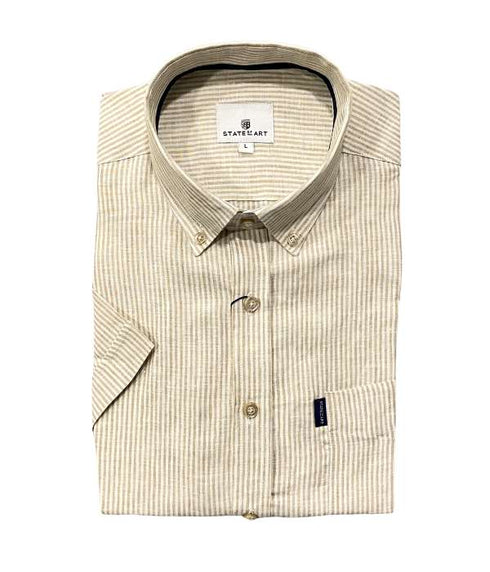 Chemise à manches courtes en lin rayé beige - col boutonné