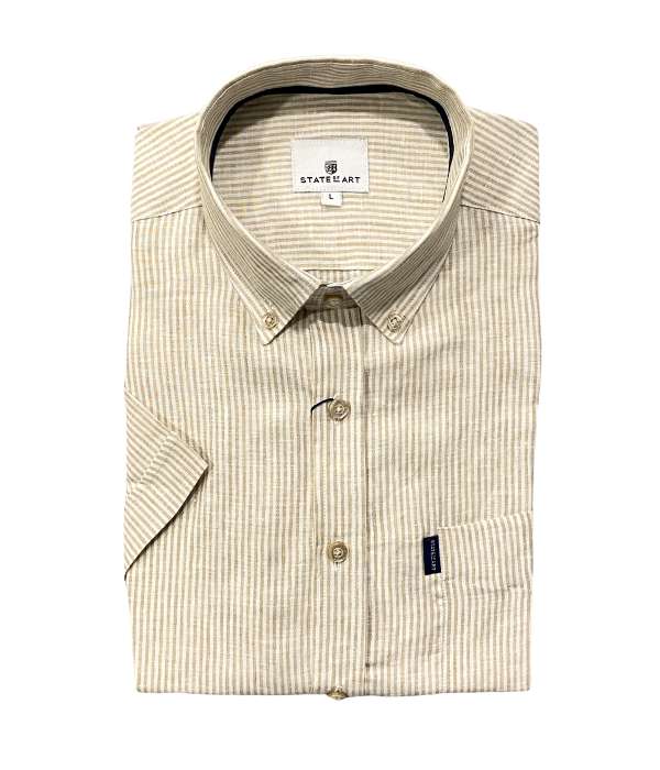 Chemise à manches courtes en lin rayé beige - col boutonné