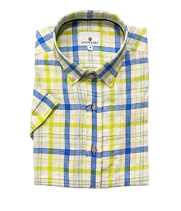 Chemise Manches Courtes Lin À Carreaux Multicolor jaune d'or - Col Boutonné