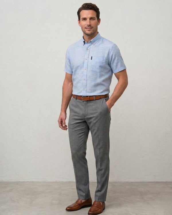 Chemise manche courte bleu unie - Col boutonné