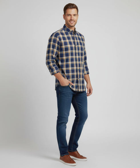 chemise à carreaux bleu / beige moderne et raffiné