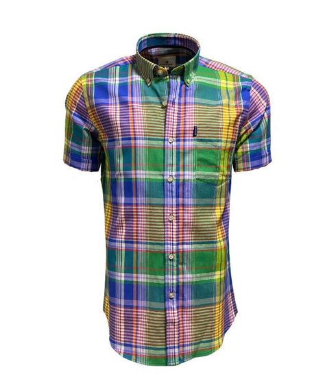 Chemise à manches courtes en coton et lin à carreaux multicolores