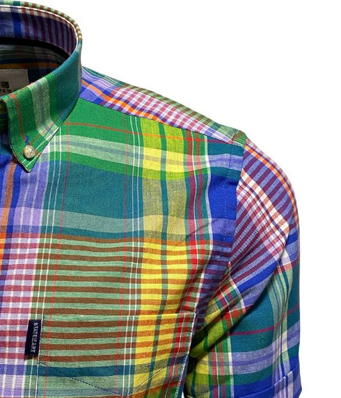 Chemise à manches courtes en coton et lin à carreaux multicolores