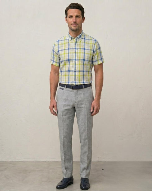 Chemise Manches Courtes Lin À Carreaux Multicolor jaune d'or - Col Boutonné
