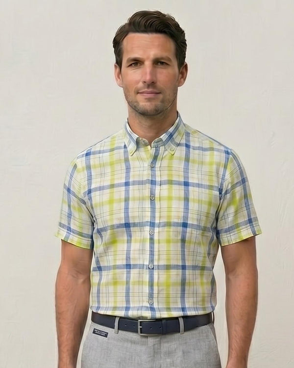 Chemise Manches Courtes Lin À Carreaux Multicolor jaune d'or - Col Boutonné