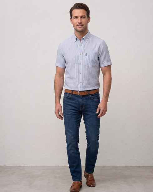 Chemise manches courte en lin rayé bleu blanc - col boutonné