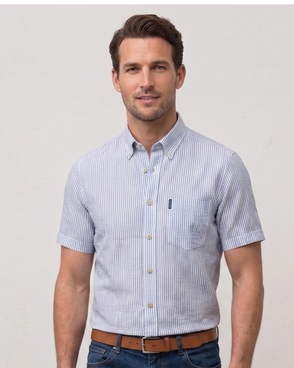 Chemise manches courte en lin rayé bleu blanc - col boutonné