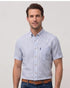 Chemise manches courte en lin rayé bleu blanc - col boutonné