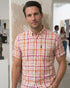 chemise manches courtes lin à carreaux multicolor orange - col boutonné