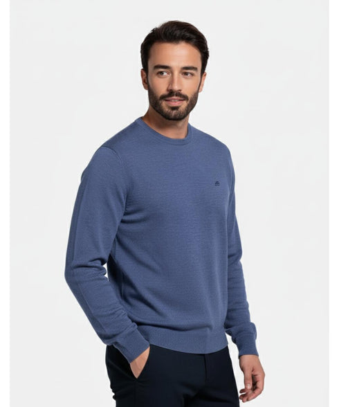 Pull bleu jeans avec col rond - Lana merino - Made in Italy