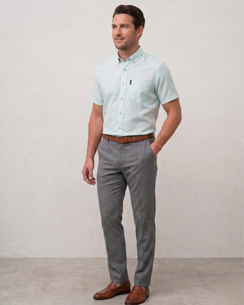 Chemise manche courte bleu dragée unie - Col boutonné