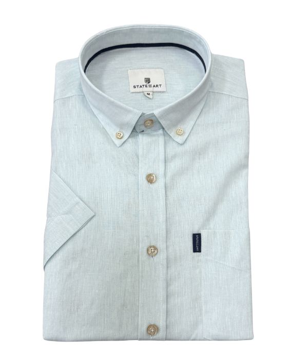 Chemise manche courte bleu dragée unie - Col boutonné