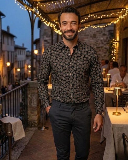 Chemise Homme 100% Coton à Motifs Floraux Abstraits Noir & Beige
