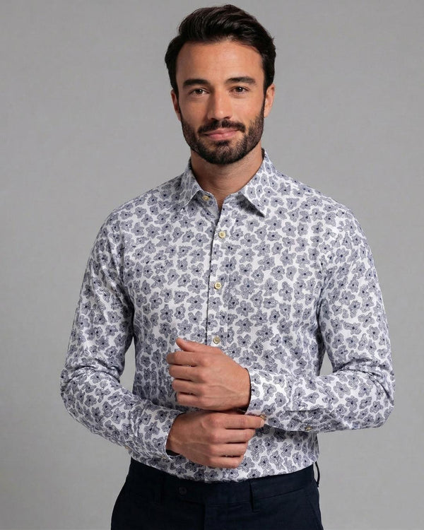 Chemise Homme 100% Coton à Motifs Floraux Abstraits Blanc & Marine