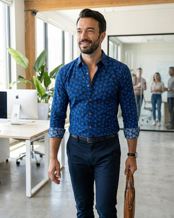 Chemise Homme 100% Coton à Motifs Floraux Abstraits Bleu & Bleu Roi