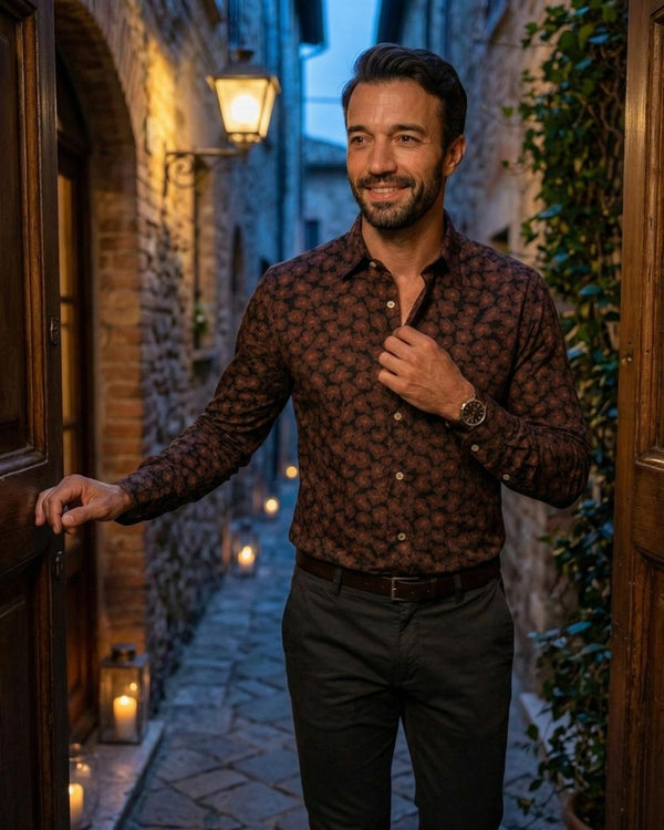 Chemise Homme 100% Coton à Motifs Floraux Abstraits Noir & Bordeaux