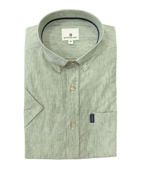 Chemise manche courte verte à rayure - Col boutonné