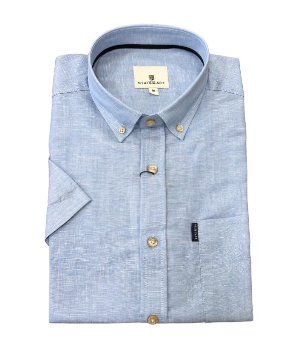 Chemise manche courte bleu unie - Col boutonné
