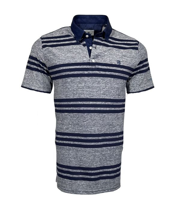 Polo piqué gris avec bande bleu nuit