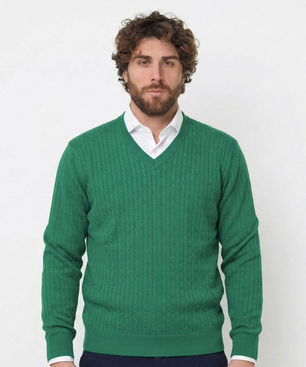 Pull Col V Green Coast - 100% Coton Filo di Scozia - Émeraude