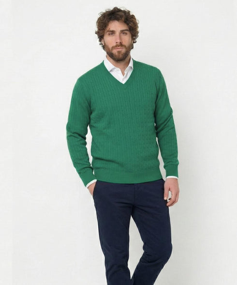 Pull Col V Green Coast - 100% Coton Filo di Scozia - Émeraude