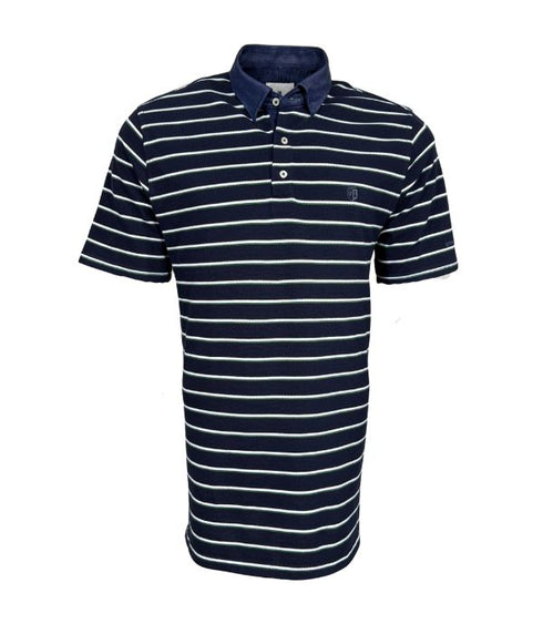 Polo piqué bleu nuit à rayure blanc / vert