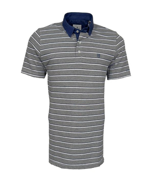 Polo piqué gris à rayure blanc / bleu