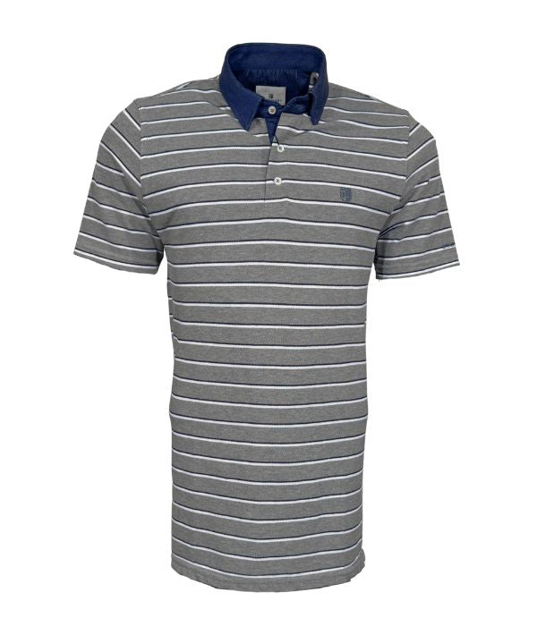 Polo piqué gris à rayure blanc / bleu