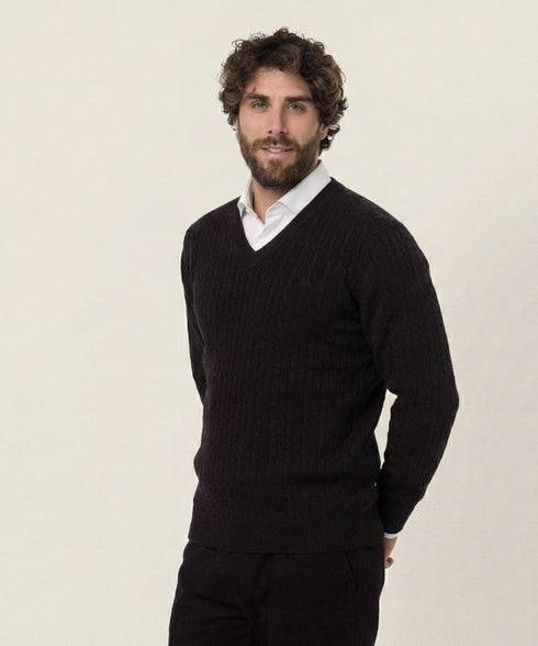 Pull col V Homme Noir – 100% Coton Filo di Scozia | Made in Italy
