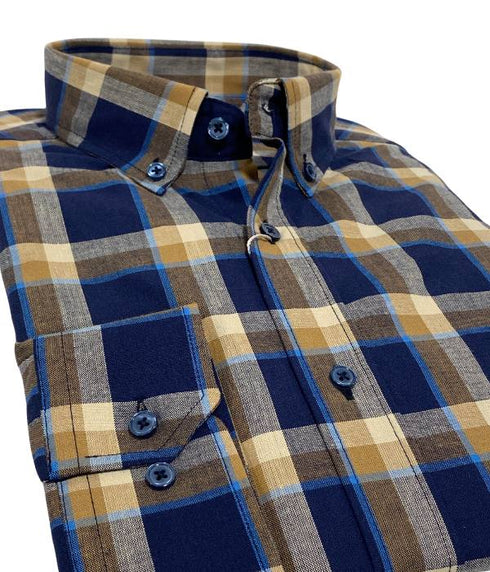 chemise à carreaux bleu / beige moderne et raffiné