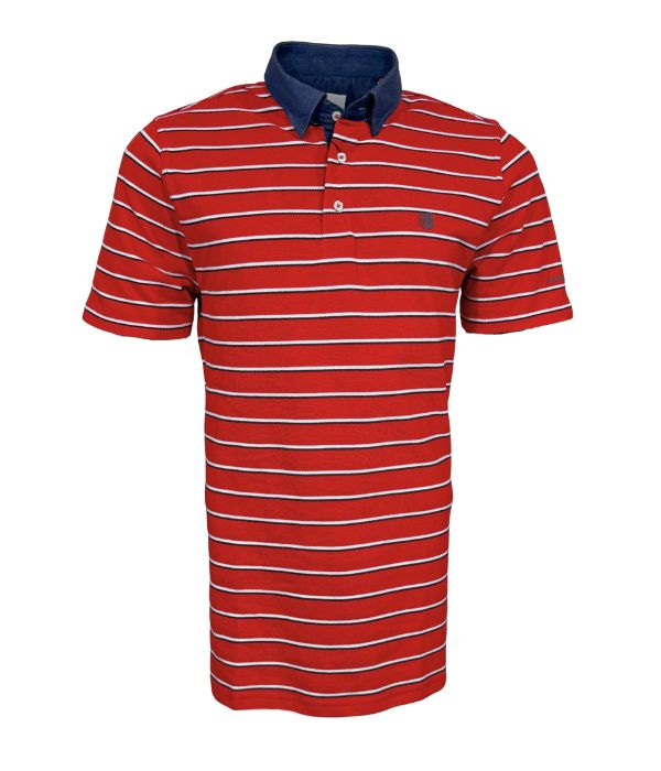 Polo piqué rouge à rayure blanc / bleu