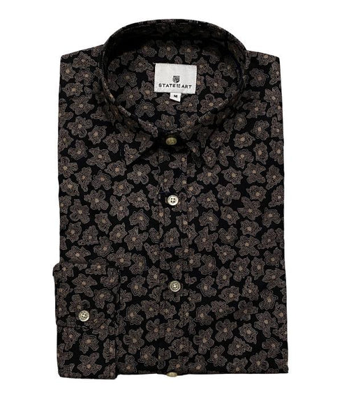 Chemise Homme 100% Coton à Motifs Floraux Abstraits Noir & Beige