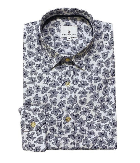 Chemise Homme 100% Coton à Motifs Floraux Abstraits Blanc & Marine