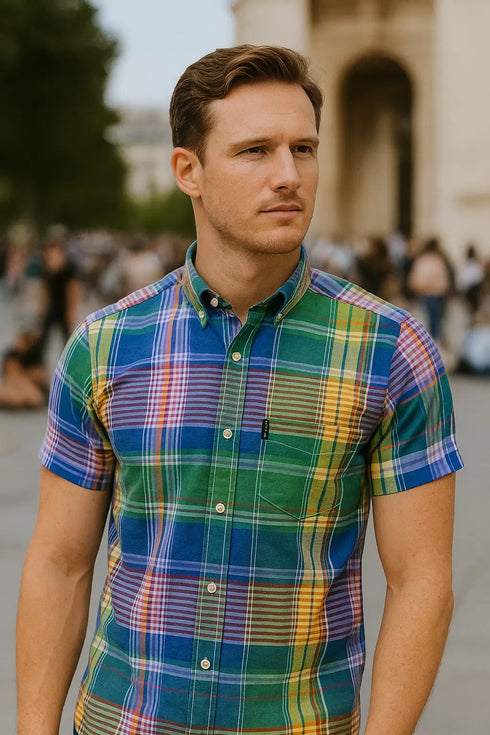 Chemise à manches courtes en coton et lin à carreaux multicolores