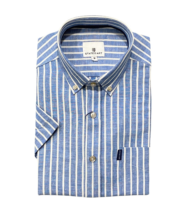 Chemise manches courtes en lin bleu ciel rayé - col boutonné
