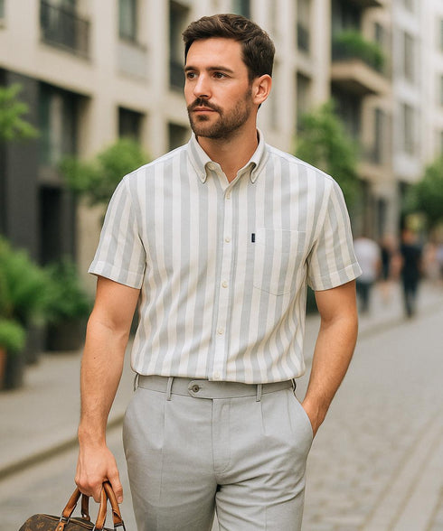 Chemise manches courtes à rayures gris - col boutonné