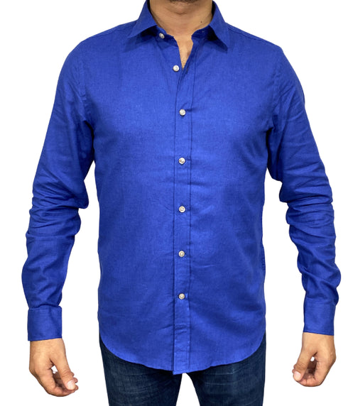 Chemise bleu roi en lin / coton de coupe regular