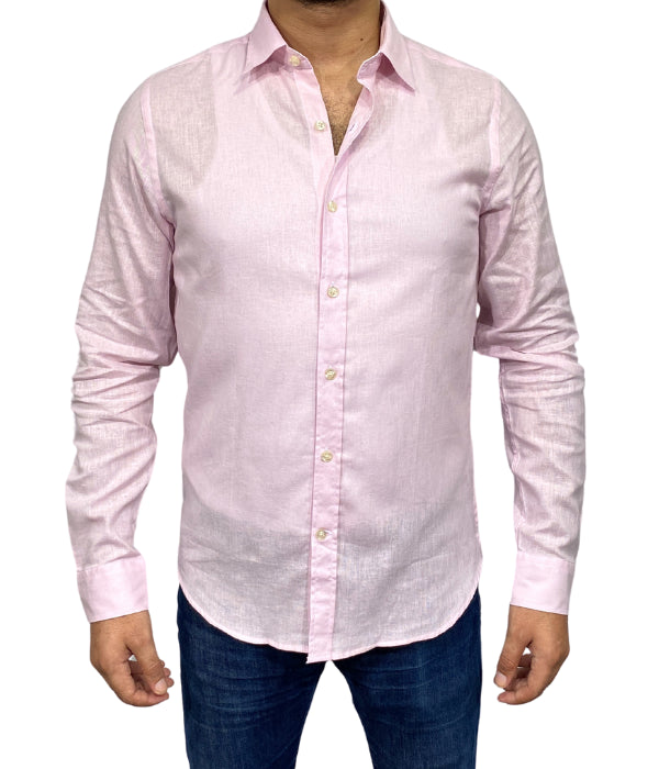 Chemise rose uni en lin / coton de coupe regular
