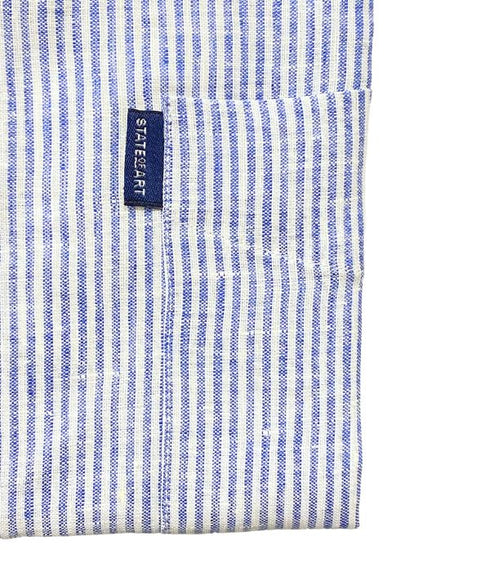 Chemise manches courte en lin rayé bleu blanc - col boutonné