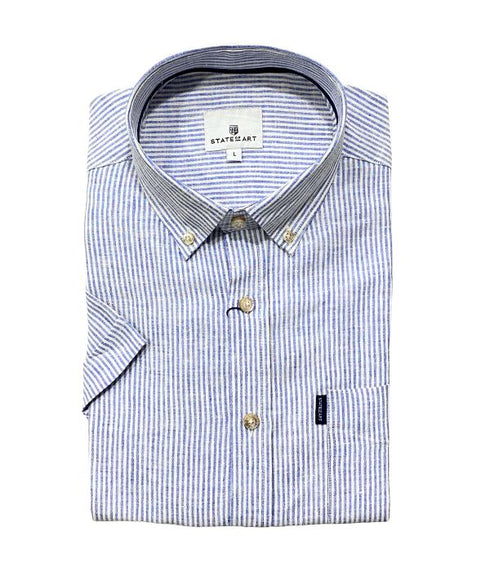 Chemise manches courte en lin rayé bleu blanc - col boutonné